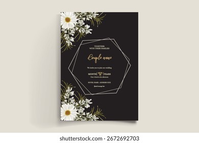 WEDDING INVITATION FRAME WITH FLOWER DECORATIONS AND FRESH LEAVES
