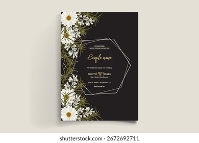 WEDDING INVITATION FRAME WITH FLOWER DECORATIONS AND FRESH LEAVES