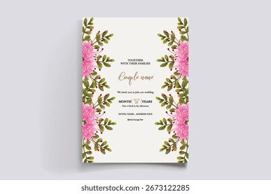 WEDDING INVITATION FRAME WITH FLOWER DECORATIONS AND FRESH LEAVES