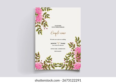 WEDDING INVITATION FRAME WITH FLOWER DECORATIONS AND FRESH LEAVES