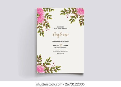 WEDDING INVITATION FRAME WITH FLOWER DECORATIONS AND FRESH LEAVES
