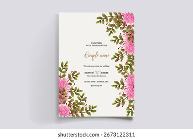 WEDDING INVITATION FRAME WITH FLOWER DECORATIONS AND FRESH LEAVES