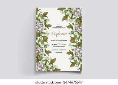 MARCO DE INVITACIÓN DE BODA CON DECORACIONES FLORALES Y HOJAS FRESCAS