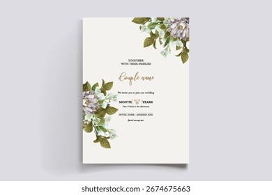 WEDDING INVITATION FRAME WITH FLOWER DECORATIONS AND FRESH LEAVES