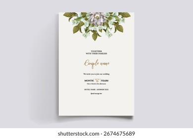 WEDDING INVITATION FRAME WITH FLOWER DECORATIONS AND FRESH LEAVES