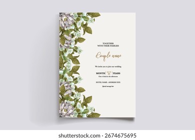 WEDDING INVITATION FRAME WITH FLOWER DECORATIONS AND FRESH LEAVES