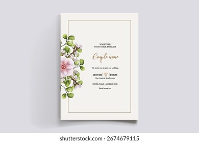 QUADRO DE CONVITE DE CASAMENTO COM DECORAÇÕES DE FLORES E FOLHAS FRESCAS