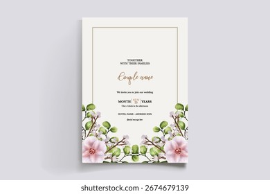 WEDDING INVITATION FRAME WITH FLOWER DECORATIONS AND FRESH LEAVES