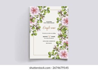 QUADRO DE CONVITE DE CASAMENTO COM DECORAÇÕES DE FLORES E FOLHAS FRESCAS