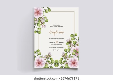WEDDING INVITATION FRAME WITH FLOWER DECORATIONS AND FRESH LEAVES