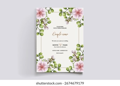 HOCHZEITSEINLADUNGSRAHMEN MIT BLUMENDEKORATIONEN UND FRISCHEN BLÄTTERN
