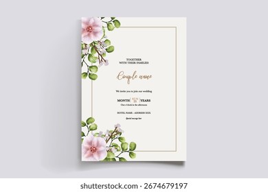 MARCO DE INVITACIÓN DE BODA CON DECORACIONES FLORALES Y HOJAS FRESCAS