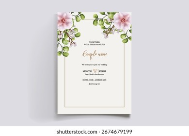 WEDDING INVITATION FRAME WITH FLOWER DECORATIONS AND FRESH LEAVES