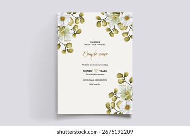 WEDDING INVITATION FRAME WITH FLOWER DECORATIONS AND FRESH LEAVES