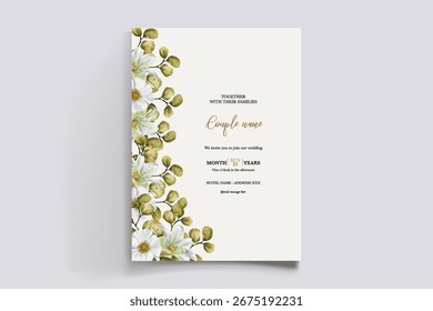 MARCO DE INVITACIÓN DE BODA CON DECORACIONES FLORALES Y HOJAS FRESCAS
