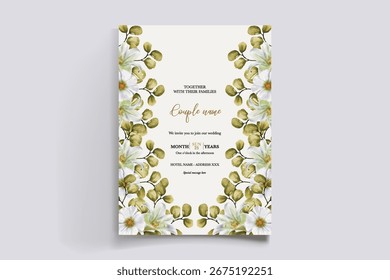 QUADRO DE CONVITE DE CASAMENTO COM DECORAÇÕES DE FLORES E FOLHAS FRESCAS