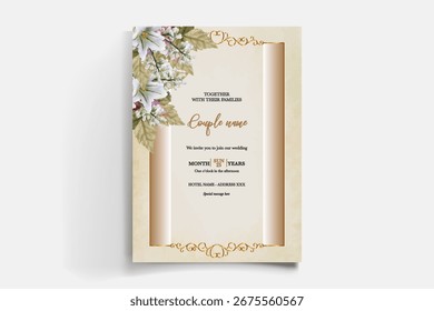 WEDDING INVITATION FRAME WITH FLOWER DECORATIONS AND FRESH LEAVES