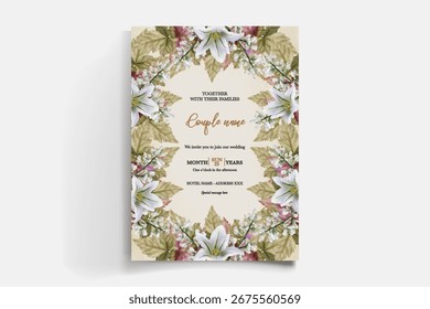 QUADRO DE CONVITE DE CASAMENTO COM DECORAÇÕES DE FLORES E FOLHAS FRESCAS
