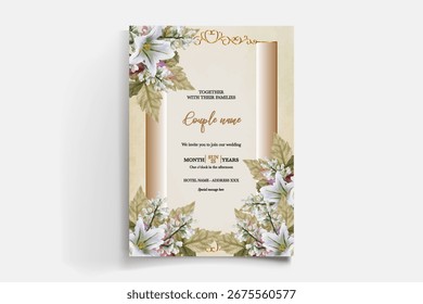 MARCO DE INVITACIÓN DE BODA CON DECORACIONES FLORALES Y HOJAS FRESCAS