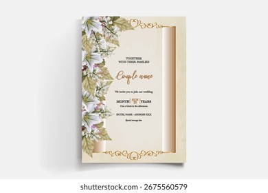 QUADRO DE CONVITE DE CASAMENTO COM DECORAÇÕES DE FLORES E FOLHAS FRESCAS