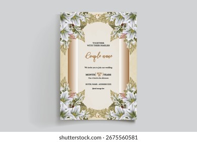 WEDDING INVITATION FRAME WITH FLOWER DECORATIONS AND FRESH LEAVES