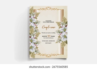 WEDDING INVITATION FRAME WITH FLOWER DECORATIONS AND FRESH LEAVES