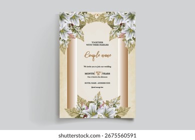 WEDDING INVITATION FRAME WITH FLOWER DECORATIONS AND FRESH LEAVES