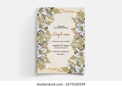 HOCHZEITSEINLADUNGSRAHMEN MIT BLUMENDEKORATIONEN UND FRISCHEN BLÄTTERN