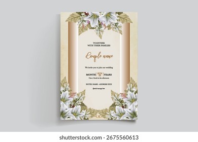 HOCHZEITSEINLADUNGSRAHMEN MIT BLUMENDEKORATIONEN UND FRISCHEN BLÄTTERN