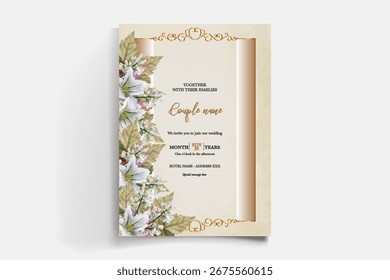 WEDDING INVITATION FRAME WITH FLOWER DECORATIONS AND FRESH LEAVES
