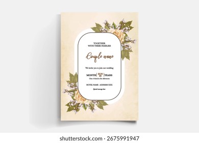 WEDDING INVITATION FRAME WITH FLOWER DECORATIONS AND FRESH LEAVES