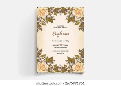 WEDDING INVITATION FRAME WITH FLOWER DECORATIONS AND FRESH LEAVES