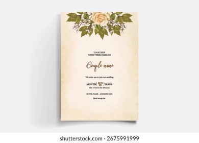 HOCHZEITSEINLADUNGSRAHMEN MIT BLUMENDEKORATIONEN UND FRISCHEN BLÄTTERN