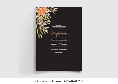 WEDDING INVITATION FRAME WITH FLOWER DECORATIONS AND FRESH LEAVES