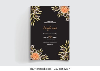 WEDDING INVITATION FRAME WITH FLOWER DECORATIONS AND FRESH LEAVES