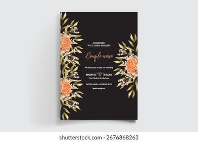 WEDDING INVITATION FRAME WITH FLOWER DECORATIONS AND FRESH LEAVES