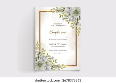 WEDDING INVITATION FRAME WITH FLOWER DECORATIONS AND FRESH LEAVES