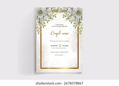 QUADRO DE CONVITE DE CASAMENTO COM DECORAÇÕES DE FLORES E FOLHAS FRESCAS