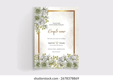 MARCO DE INVITACIÓN DE BODA CON DECORACIONES FLORALES Y HOJAS FRESCAS