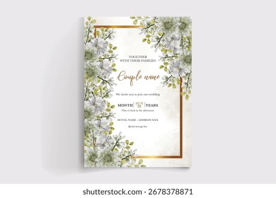 QUADRO DE CONVITE DE CASAMENTO COM DECORAÇÕES DE FLORES E FOLHAS FRESCAS