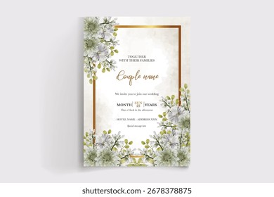 WEDDING INVITATION FRAME WITH FLOWER DECORATIONS AND FRESH LEAVES