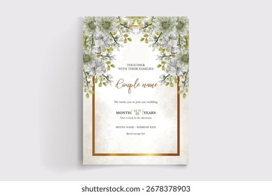 WEDDING INVITATION FRAME WITH FLOWER DECORATIONS AND FRESH LEAVES