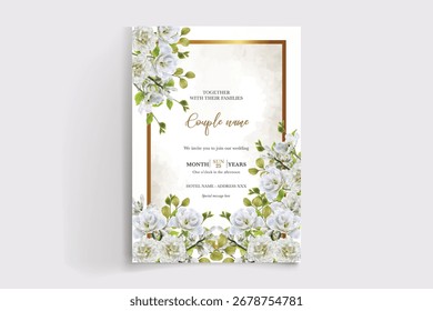 HOCHZEITSEINLADUNGSRAHMEN MIT BLUMENDEKORATIONEN UND FRISCHEN BLÄTTERN