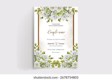 HOCHZEITSEINLADUNGSRAHMEN MIT BLUMENDEKORATIONEN UND FRISCHEN BLÄTTERN