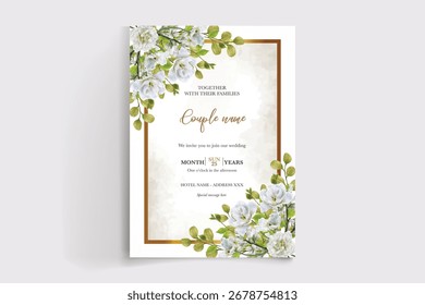 MARCO DE INVITACIÓN DE BODA CON DECORACIONES FLORALES Y HOJAS FRESCAS