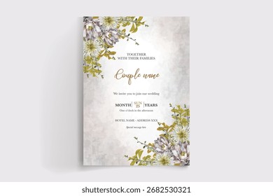 WEDDING INVITATION FRAME WITH FLOWER DECORATIONS AND FRESH LEAVES