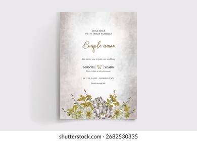 WEDDING INVITATION FRAME WITH FLOWER DECORATIONS AND FRESH LEAVES