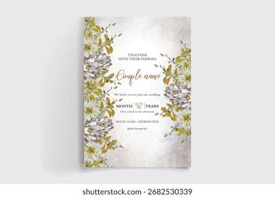 QUADRO DE CONVITE DE CASAMENTO COM DECORAÇÕES DE FLORES E FOLHAS FRESCAS