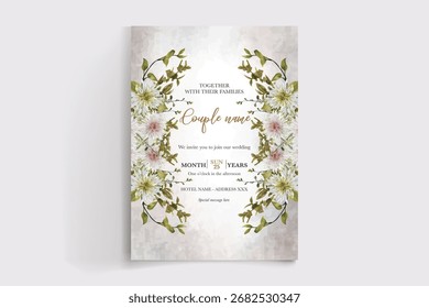 MARCO DE INVITACIÓN DE BODA CON DECORACIONES FLORALES Y HOJAS FRESCAS