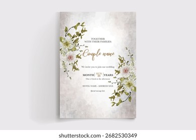 MARCO DE INVITACIÓN DE BODA CON DECORACIONES FLORALES Y HOJAS FRESCAS